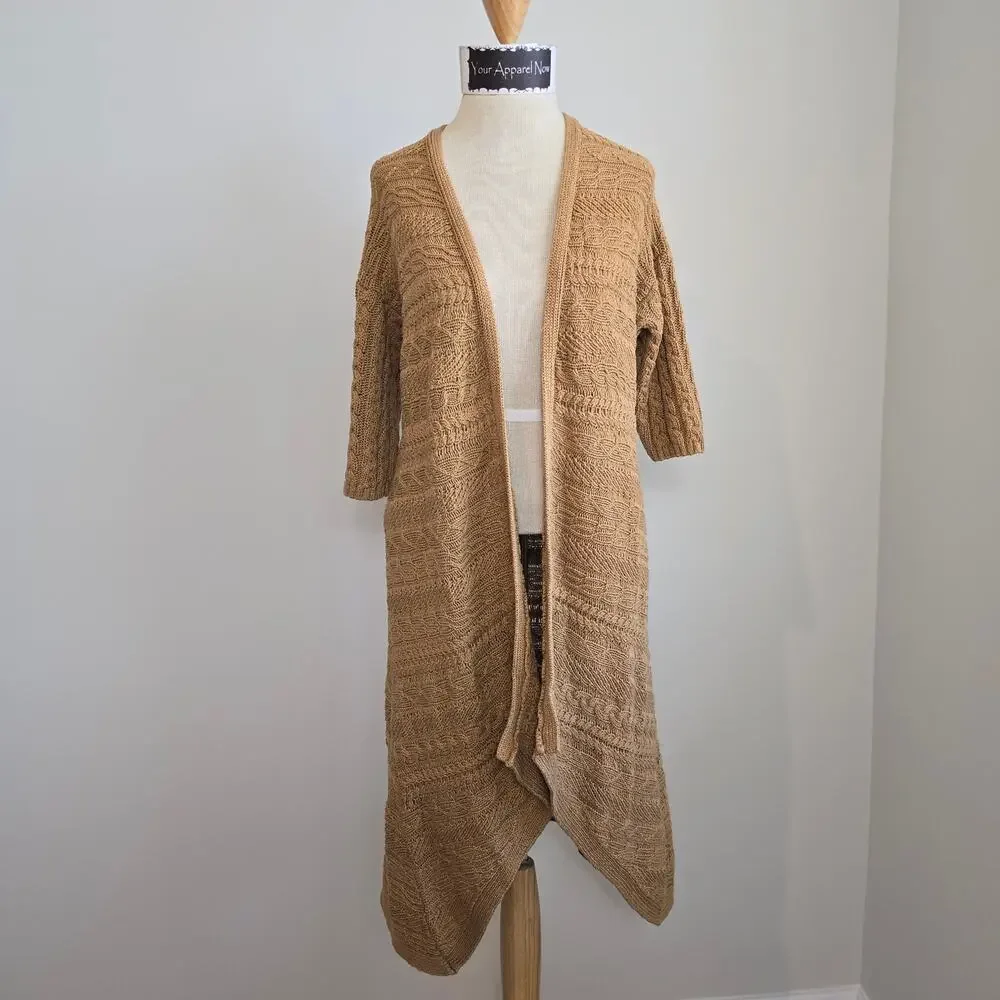 Chico's Women's Tan Short Sleeve Knit Long Open Cardigan Sweater Sz 2